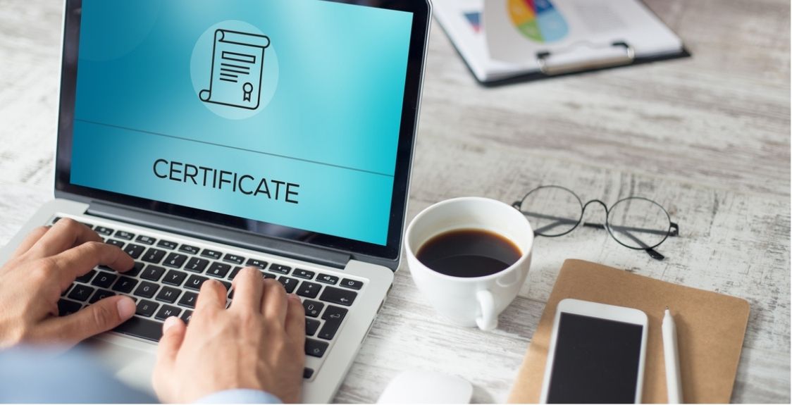 A course certificate on screen